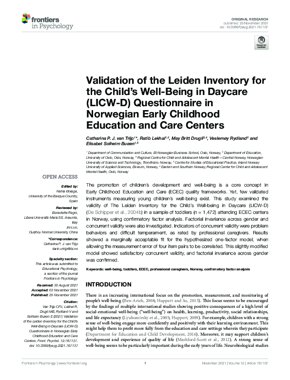 (PDF) Validation of the Leiden Inventory for the Child’s Well-Being in ...