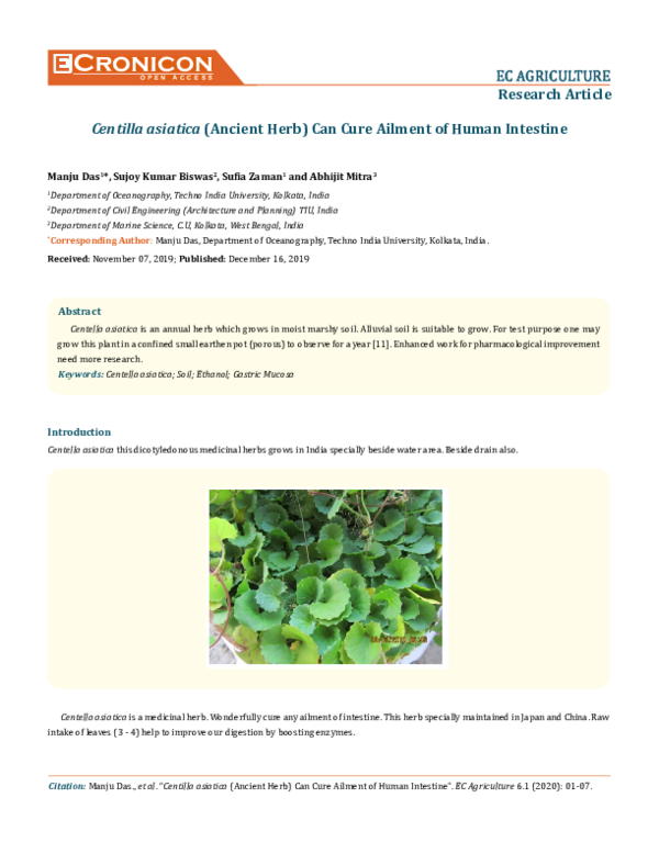 (PDF) Centilla asiatica (Ancient Herb) Can Cure Ailment of Human Intestine