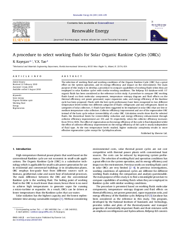 (PDF) A procedure to select working fluids for Solar Organic Rankine ...
