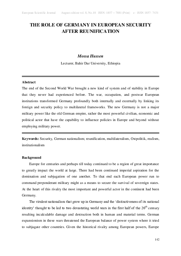 (PDF) The Role of Germany in European Security After Reunification
