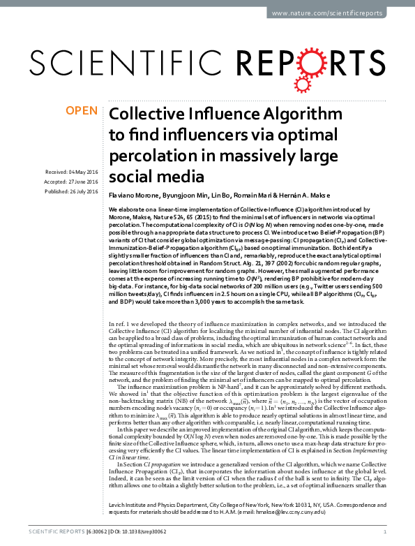 (PDF) Collective Influence Algorithm to find influencers via optimal ...