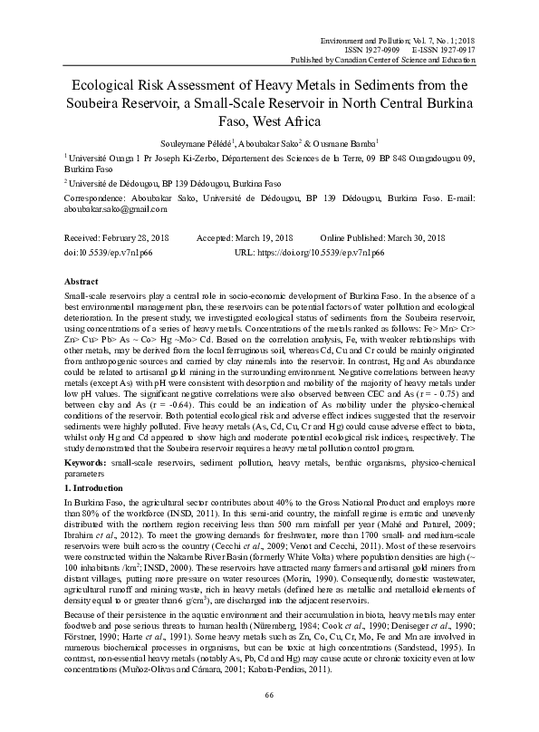 (PDF) Ecological risk assessment of heavy metals in surface sediments ...
