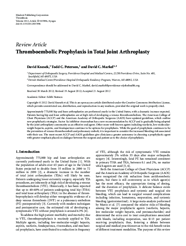 (PDF) Thromboembolic prophylaxis in total joint arthroplasty David