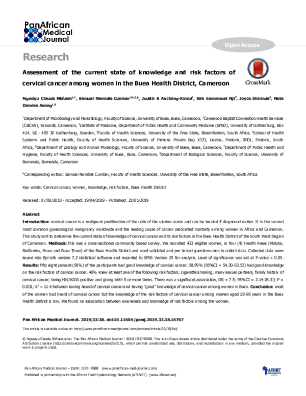 Assessment of the current state of knowledge and risk factors of cervical cancer among women in the Buea Health District, Cameroon