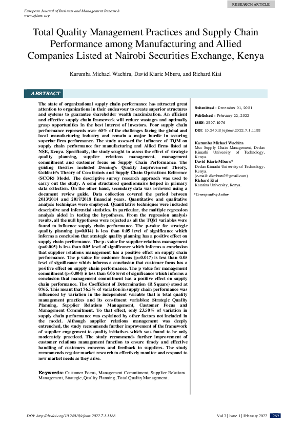 (PDF) Total Quality Management Practices and Supply Chain Performance ...