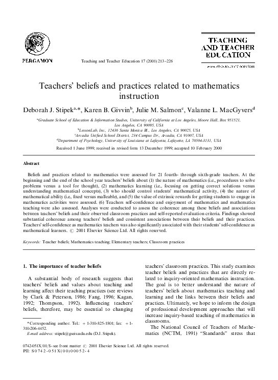(PDF) Teachers’ beliefs and practices related to mathematics instruction
