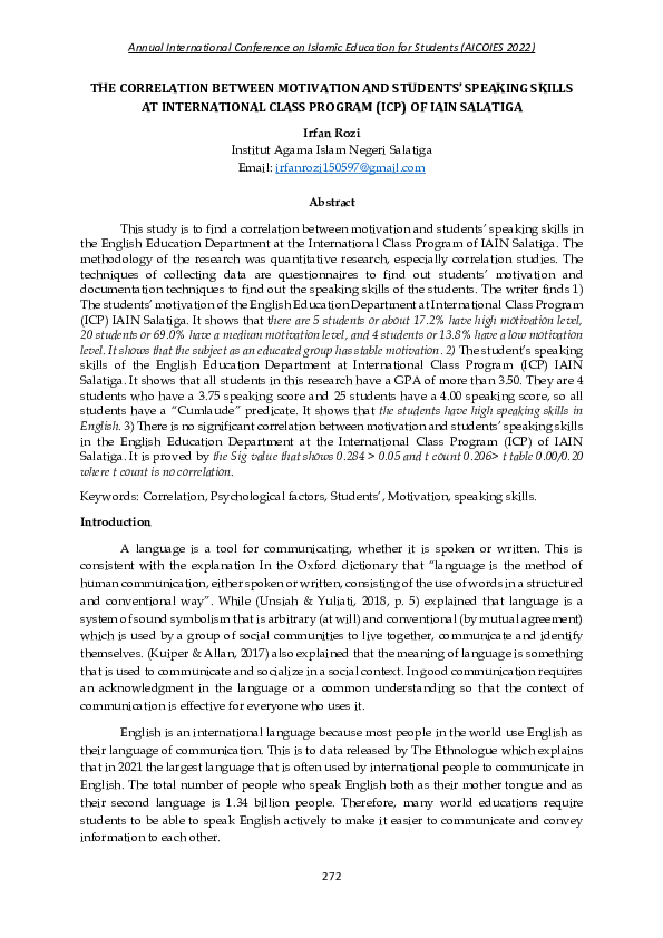 (PDF) The Correlation Between Motivation and Students’ Speaking Skills ...