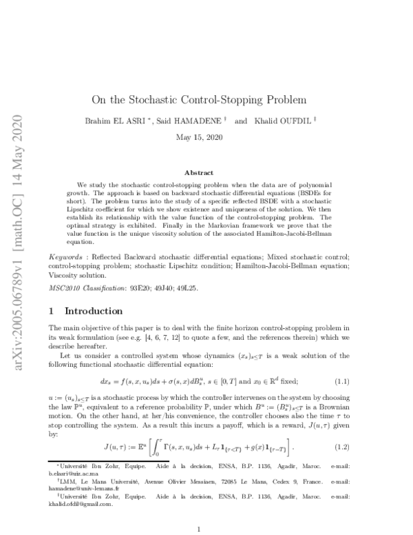 (PDF) On the stochastic control-stopping problem