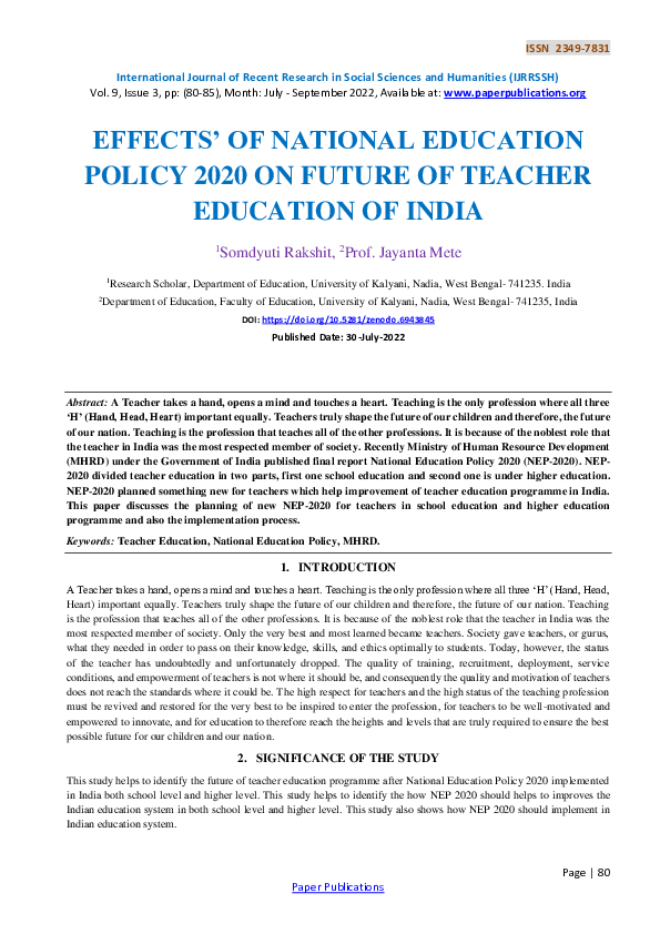 (PDF) EFFECTS' OF NATIONAL EDUCATION POLICY 2020 ON FUTURE OF TEACHER ...
