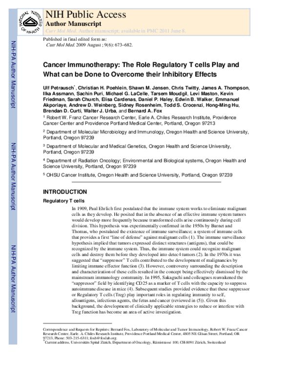 (PDF) Cancer Immunotherapy: The Role Regulatory T Cells Play and What ...