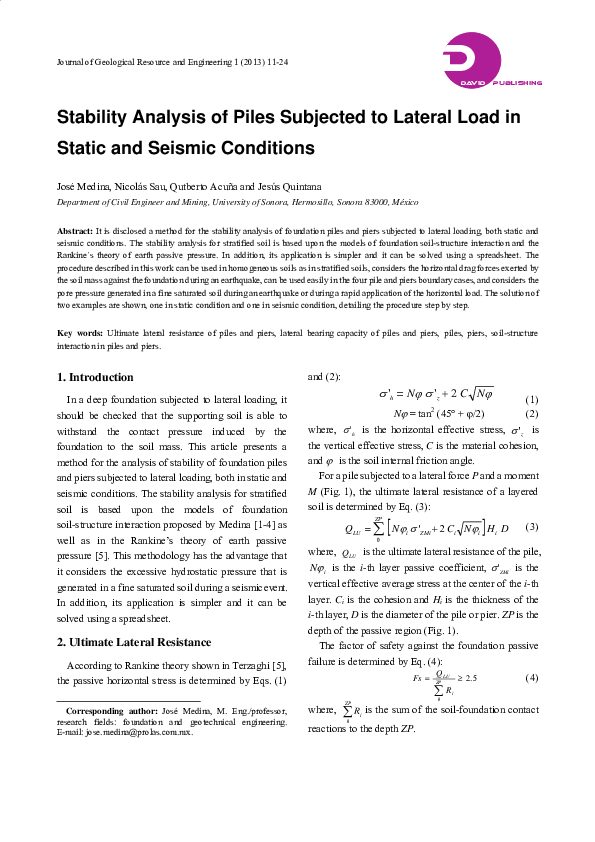 (PDF) Stability Analysis of Piles Subjected to Lateral Load in Static ...