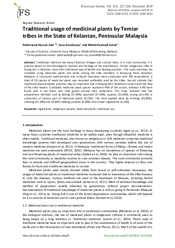 (PDF) Traditional usage of medicinal plants by Temiar tribes in the ...