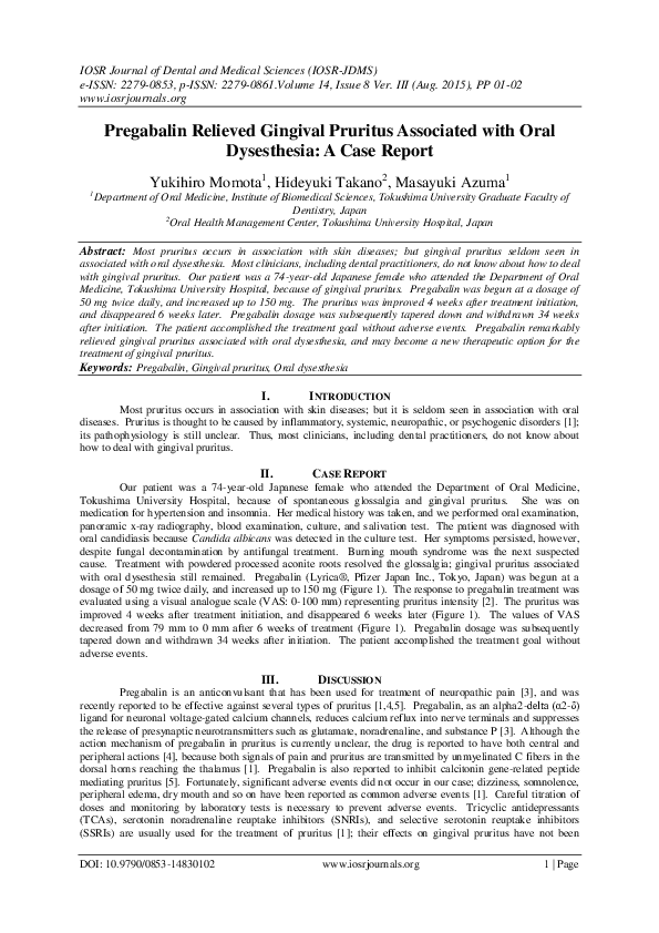 (PDF) Pregabalin Relieved Gingival Pruritus Associated with Oral