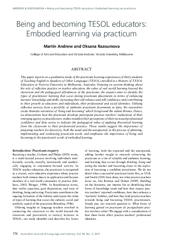 (PDF) Being and Becoming TESOL Educators: Embodied Learning Via ...