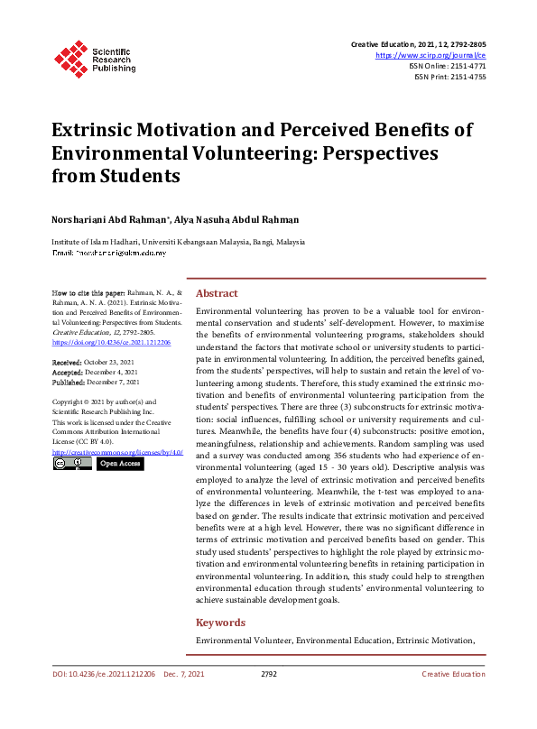 (PDF) Extrinsic Motivation and Perceived Benefits of Environmental ...