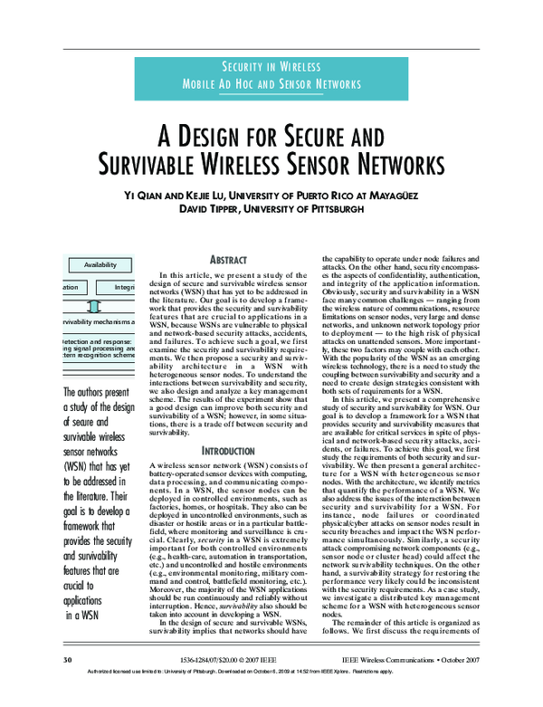 (PDF) A design for secure and survivable wireless sensor networks