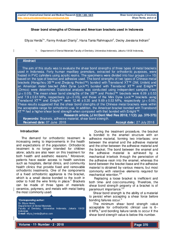 (PDF) Shear bond strengths of Chinese and American brackets used in ...
