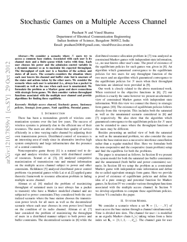 (PDF) Stochastic Games on a Multiple Access Channel