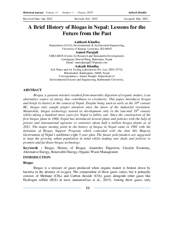 (PDF) A Brief History of Biogas in Nepal: Lessons for the Future from ...