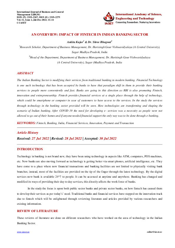 (PDF) AN OVERVIEW: IMPACT OF FINTECH IN INDIAN BANKING SECTOR