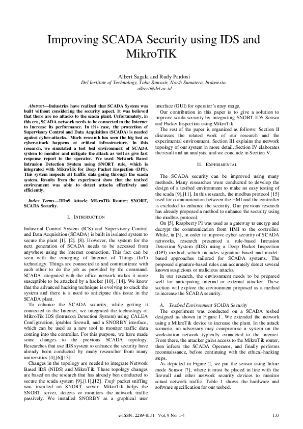 (PDF) Improving SCADA Security using IDS and MikroTIK
