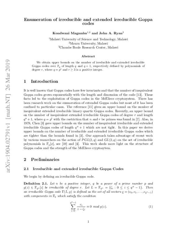 (PDF) Enumeration of irreducible and extended irreducible Goppa codes