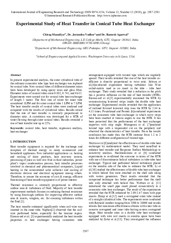 (PDF) Experimental Study of Heat Transfer in Conical Tube Heat Exchanger