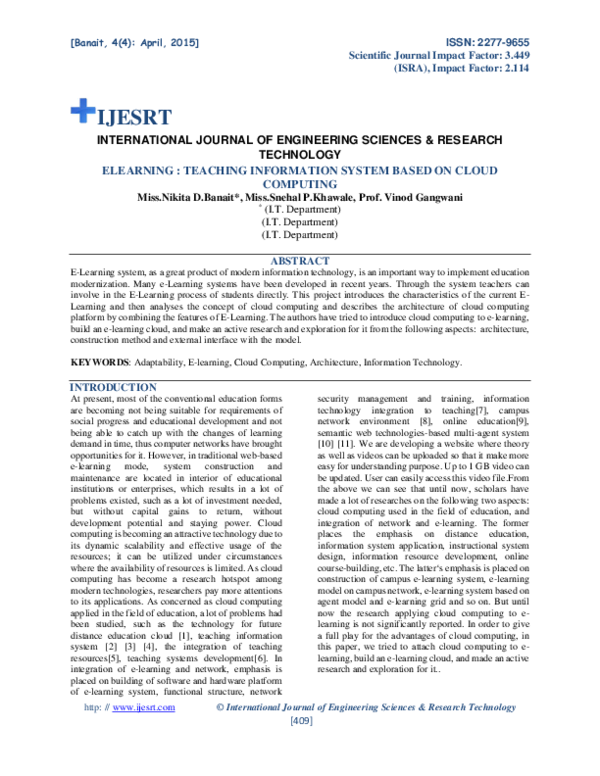 (PDF) Elearning : Teaching Information System Based on Cloud Computing