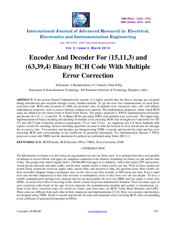 (PDF) Encoder And Decoder For (15,11,3) and(63,39,4) Binary BCH Code ...