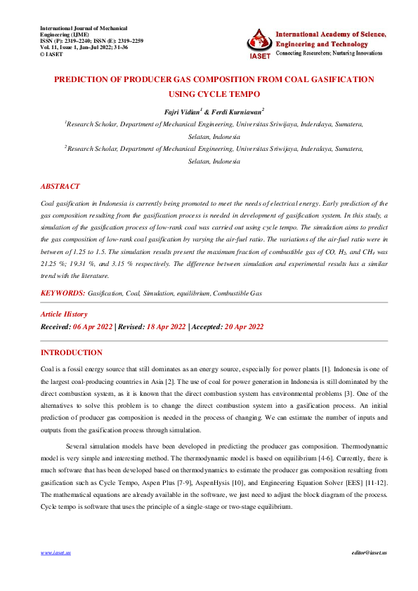 (PDF) PREDICTION OF PRODUCER GAS COMPOSITION FROM COAL GASIFICATION ...