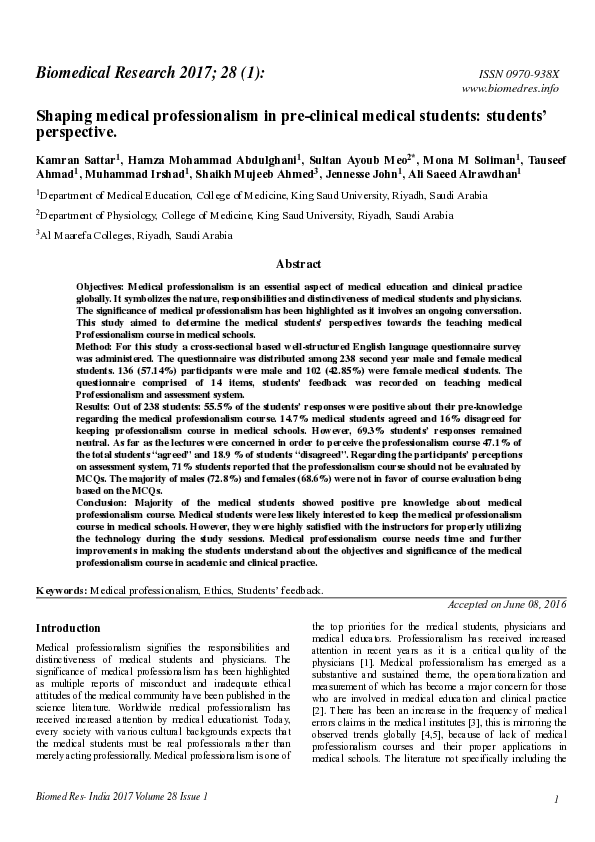 (PDF) Shaping medical professionalism in pre-clinical medical students ...