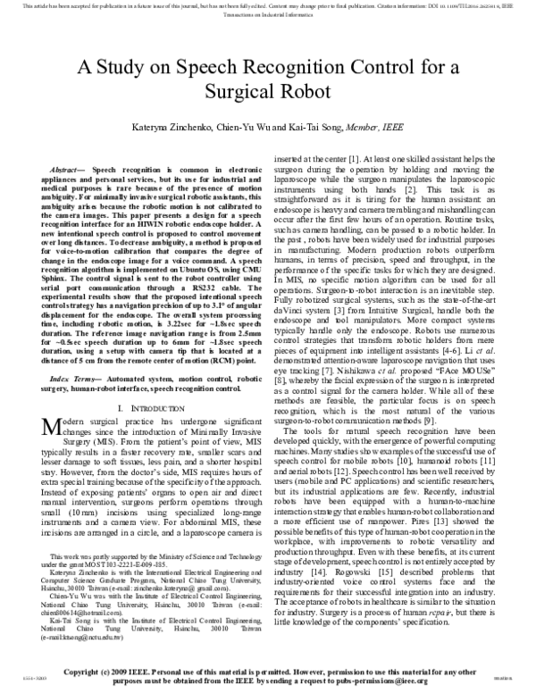 (PDF) A Study on Speech Recognition Control for a Surgical Robot