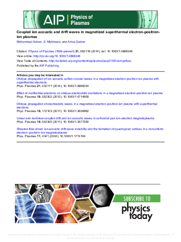 (PDF) Coupled ion acoustic and drift waves in magnetized superthermal ...