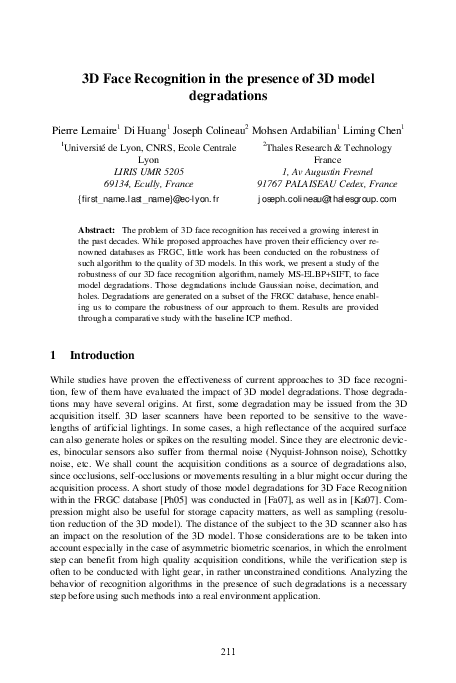 (PDF) 3D Face Recognition in the Presence of 3D Model Degradations