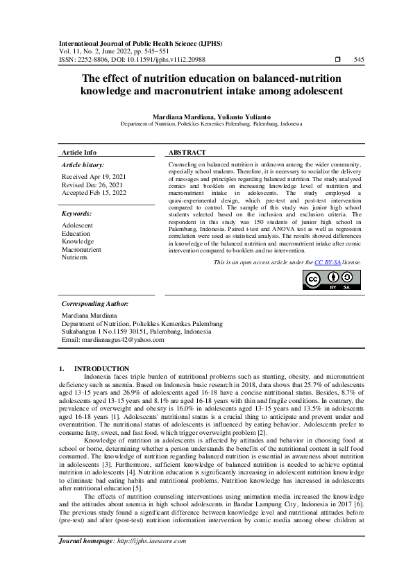 (PDF) The effect of nutrition education on balanced-nutrition knowledge ...