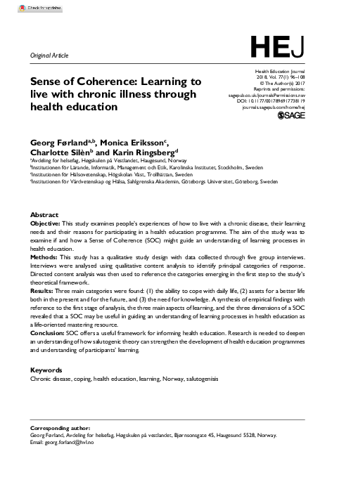 (PDF) Sense of Coherence: Learning to live with chronic illness through ...