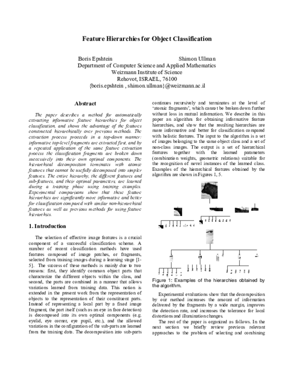 (PDF) Feature hierarchies for object classification