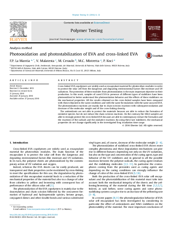 (PDF) Photooxidation and photostabilization of EVA and cross-linked EVA