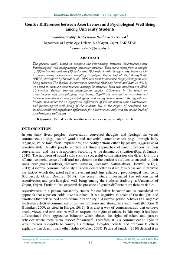 (PDF) Gender Differences between Assertiveness and Psychological Well ...
