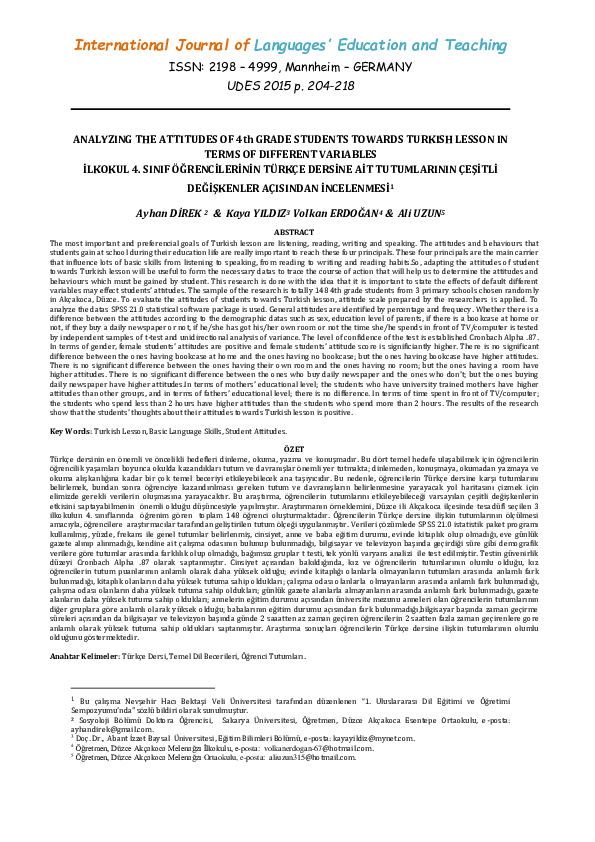 (PDF) ANALYZING THE ATTITUDES OF 4th GRADE STUDENTS TOWARDS TURKISH ...