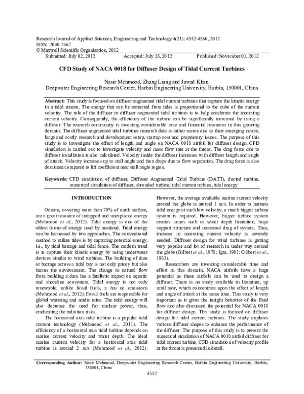 (PDF) CFD Study of NACA 0018 for Diffuser Design of Tidal Current Turbines