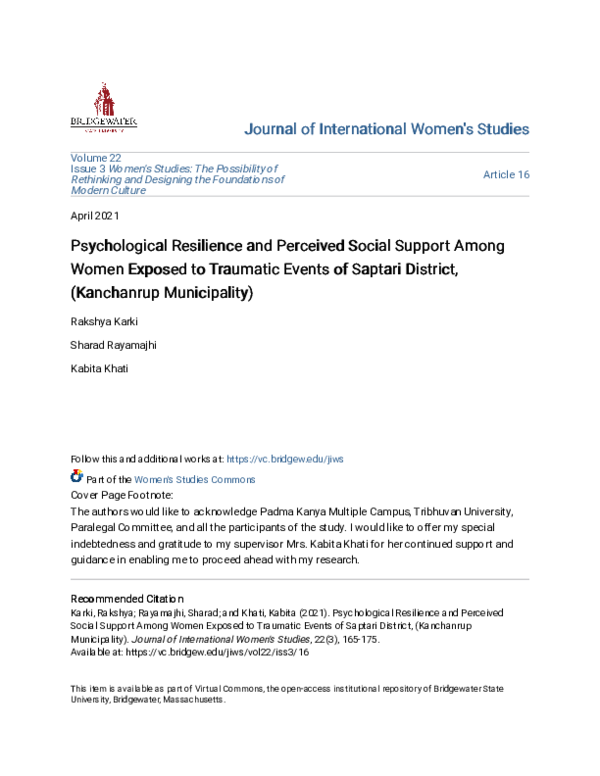 (PDF) Psychological Resilience and Perceived Social Support Among Women ...