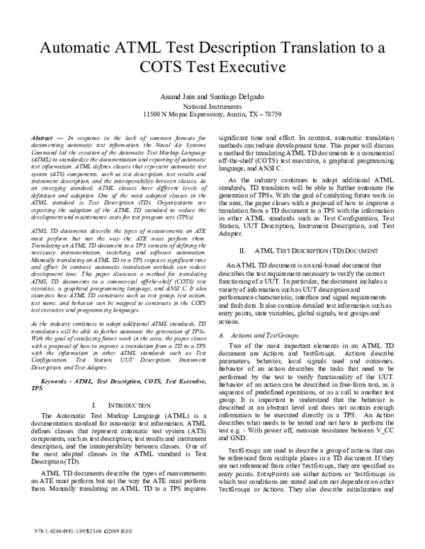 (PDF) Automatic ATML test description translation to a COTS test
