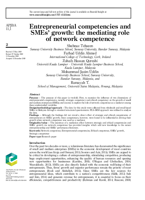 (PDF) Entrepreneurial competencies and SMEs’ growth: the mediating role ...