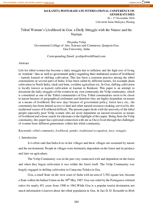 (PDF) Tribal Women’s Livelihood In Goa: A Daily Struggle With The ...