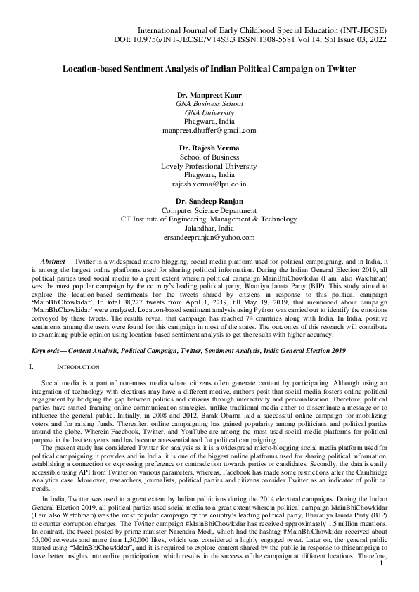 (PDF) Location-based Sentiment Analysis of Indian Political Campaign on ...