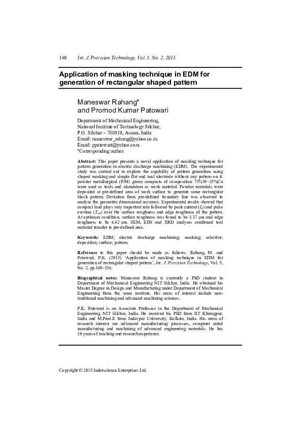 (PDF) Application of masking technique in EDM for generation of