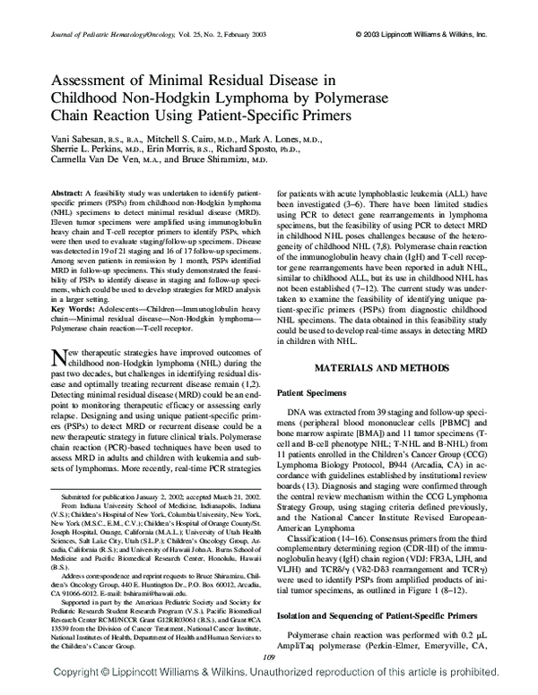 (PDF) Assessment of Minimal Residual Disease in Childhood Non-Hodgkin ...