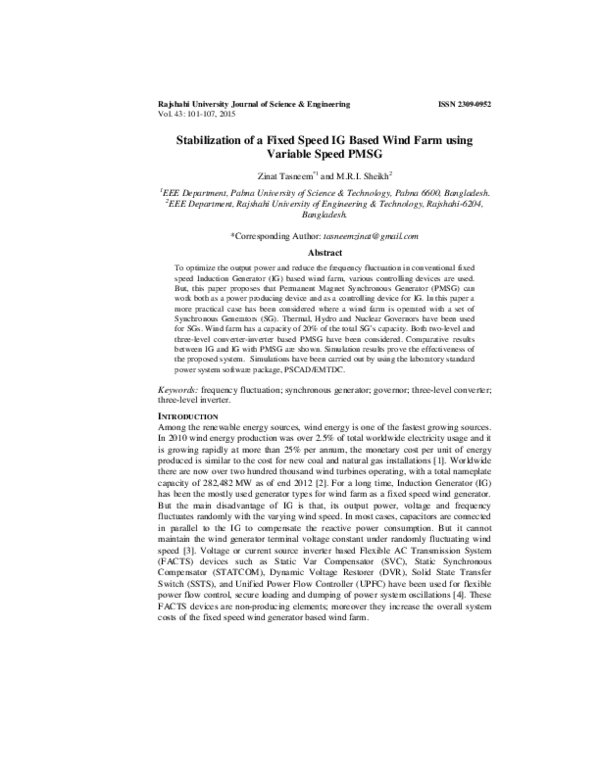 (PDF) Stabilization of a Fixed Speed IG Based Wind Farm using Variable ...