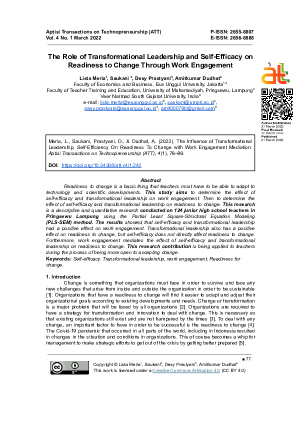 (PDF) The Influence of Transformational Leadership, Self-Efficiency On ...